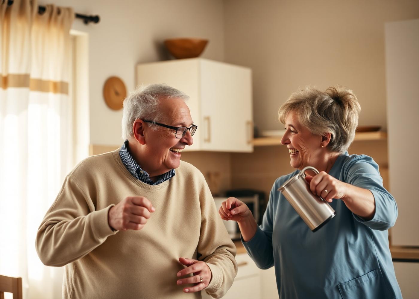 Senior and caregiver sharing a warm moment in the kitchen