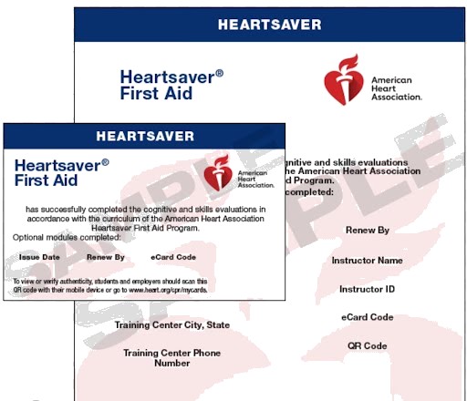 Sample American Heart Association Heartsaver First Aid eCard certificate